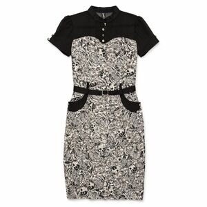 Banned Black & White Skull Rose Gothic Dress Belted Retro Rockabilly Size 18